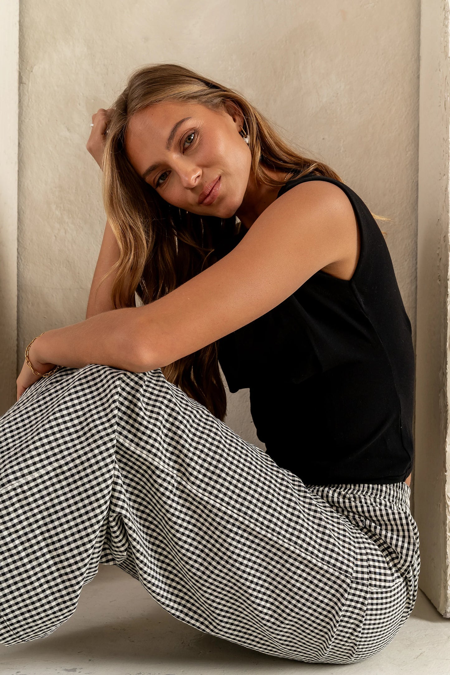 Ada Gingham Wide Leg Pants in Black