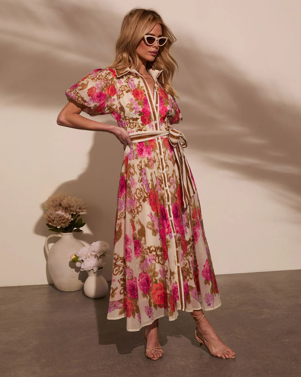 Meadowlane Floral Waist Tie Midi Dress