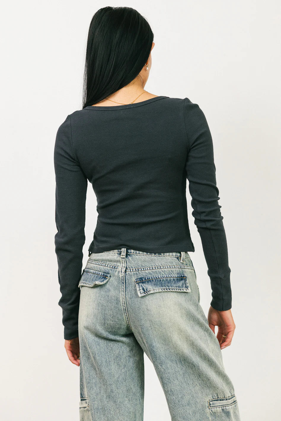 Abigail Waffle Knit Top in Charcoal