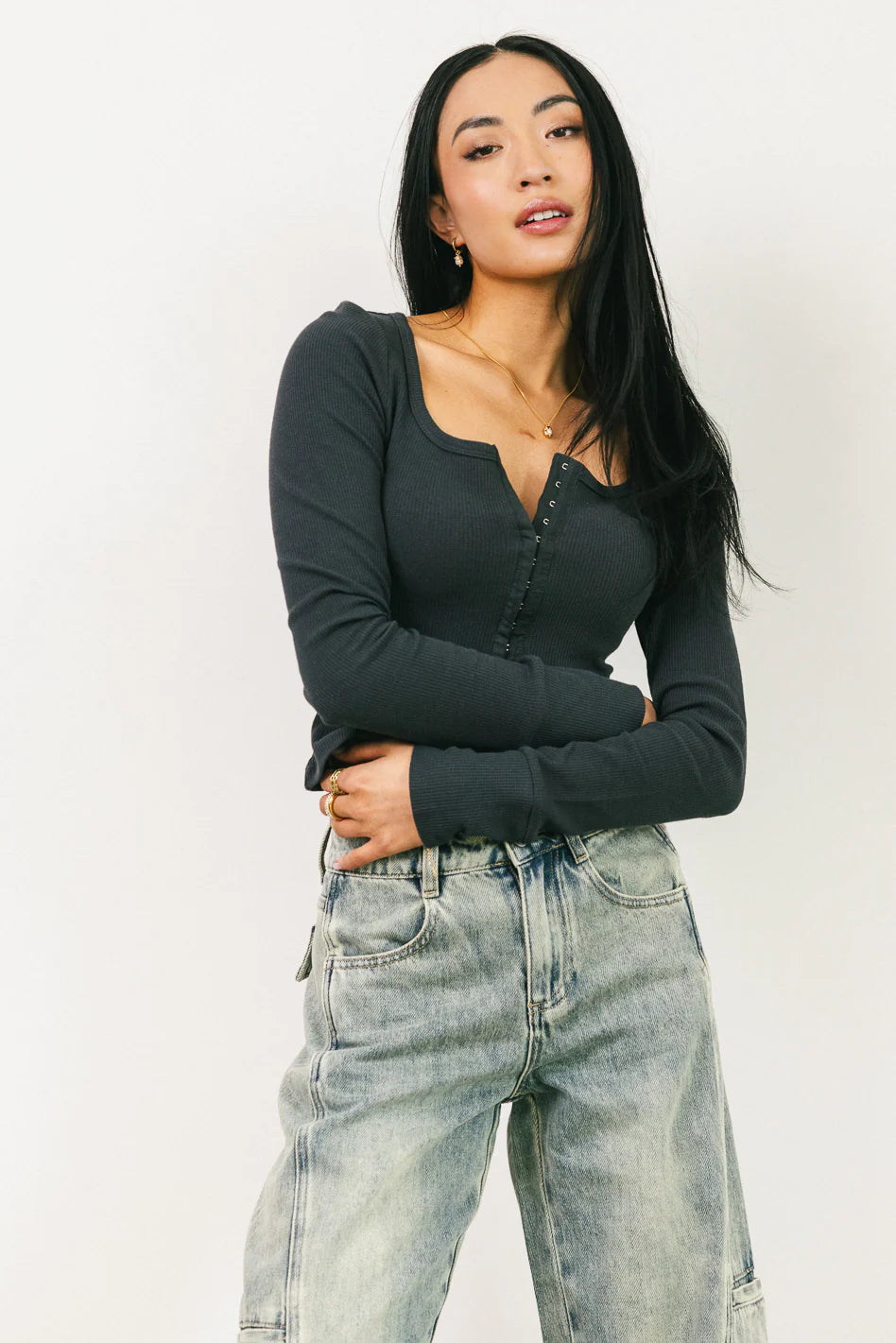 Abigail Waffle Knit Top in Charcoal