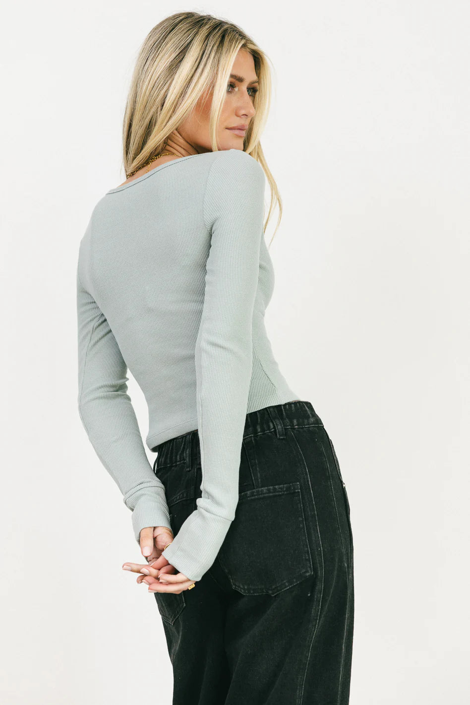 Abigail Waffle Knit Top in Baby Blue