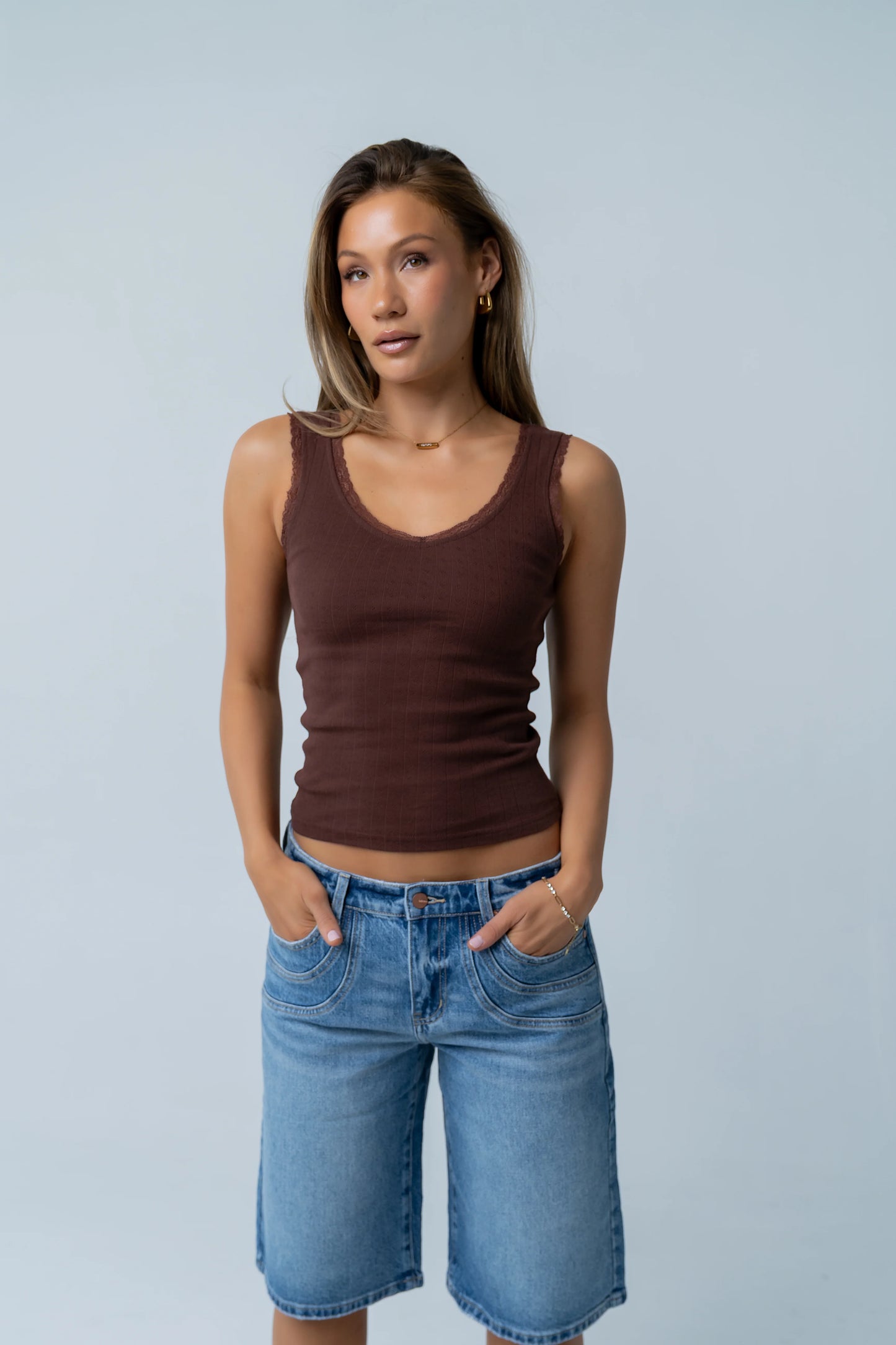 Mackie Lace Trim Tank in Brown