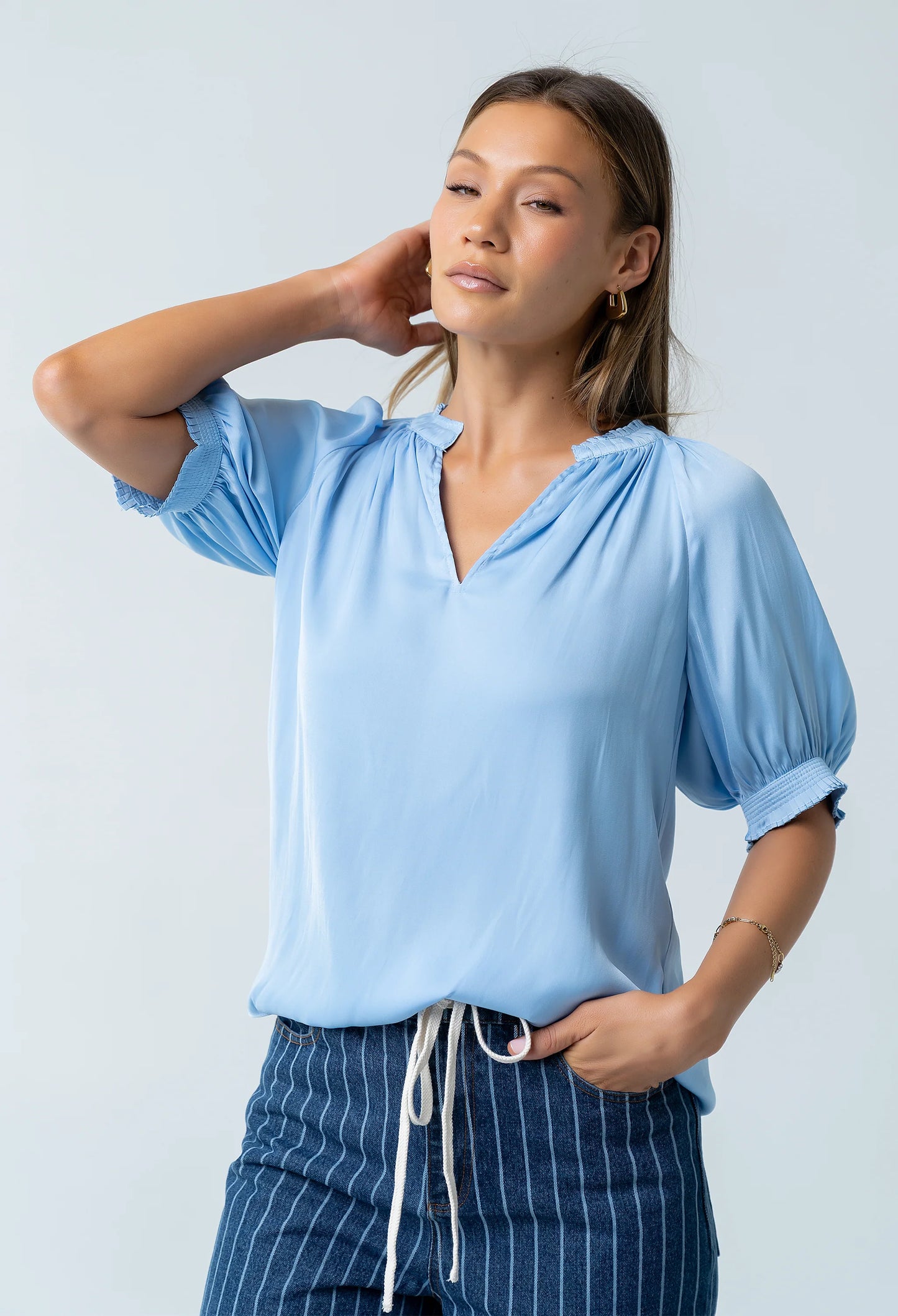 Gareth Pleated Blouse in Blue