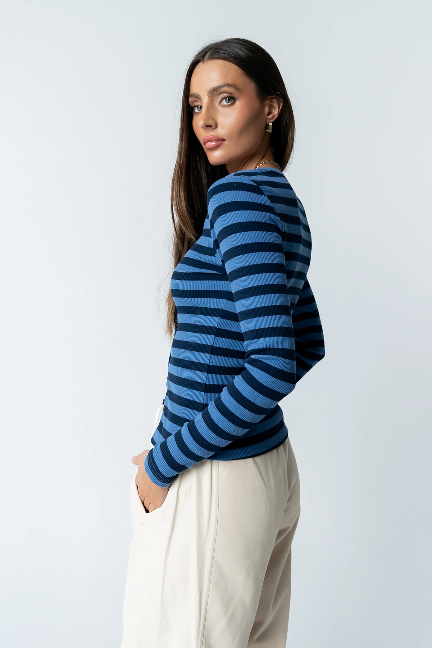 Mia Button Up Top in Striped Navy