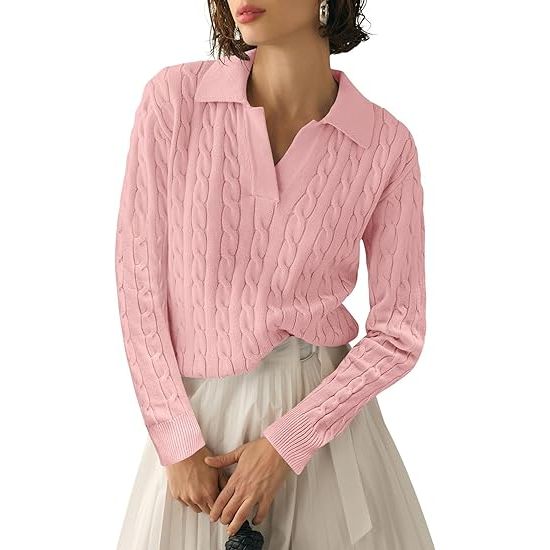 Women’s Lapel V-Neck Cable Knit Pullover Sweater