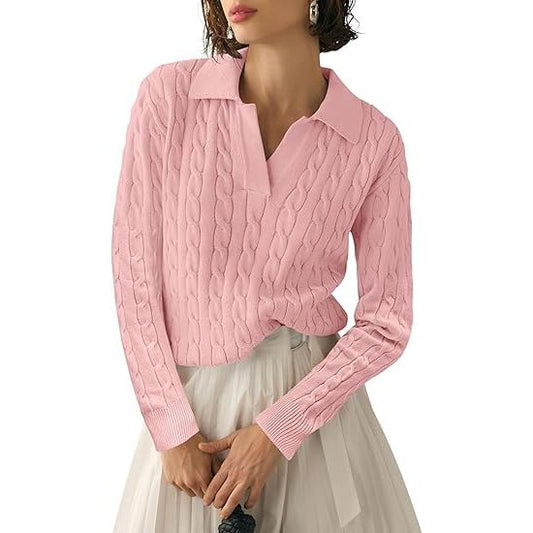 Women’s Lapel V-Neck Cable Knit Pullover Sweater