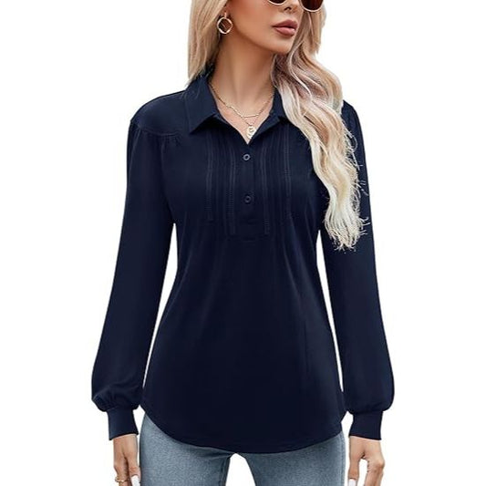 Women's V-Neck Pleated Long-Sleeve  Shirt