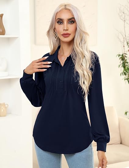 Women's V-Neck Pleated Long-Sleeve  Shirt