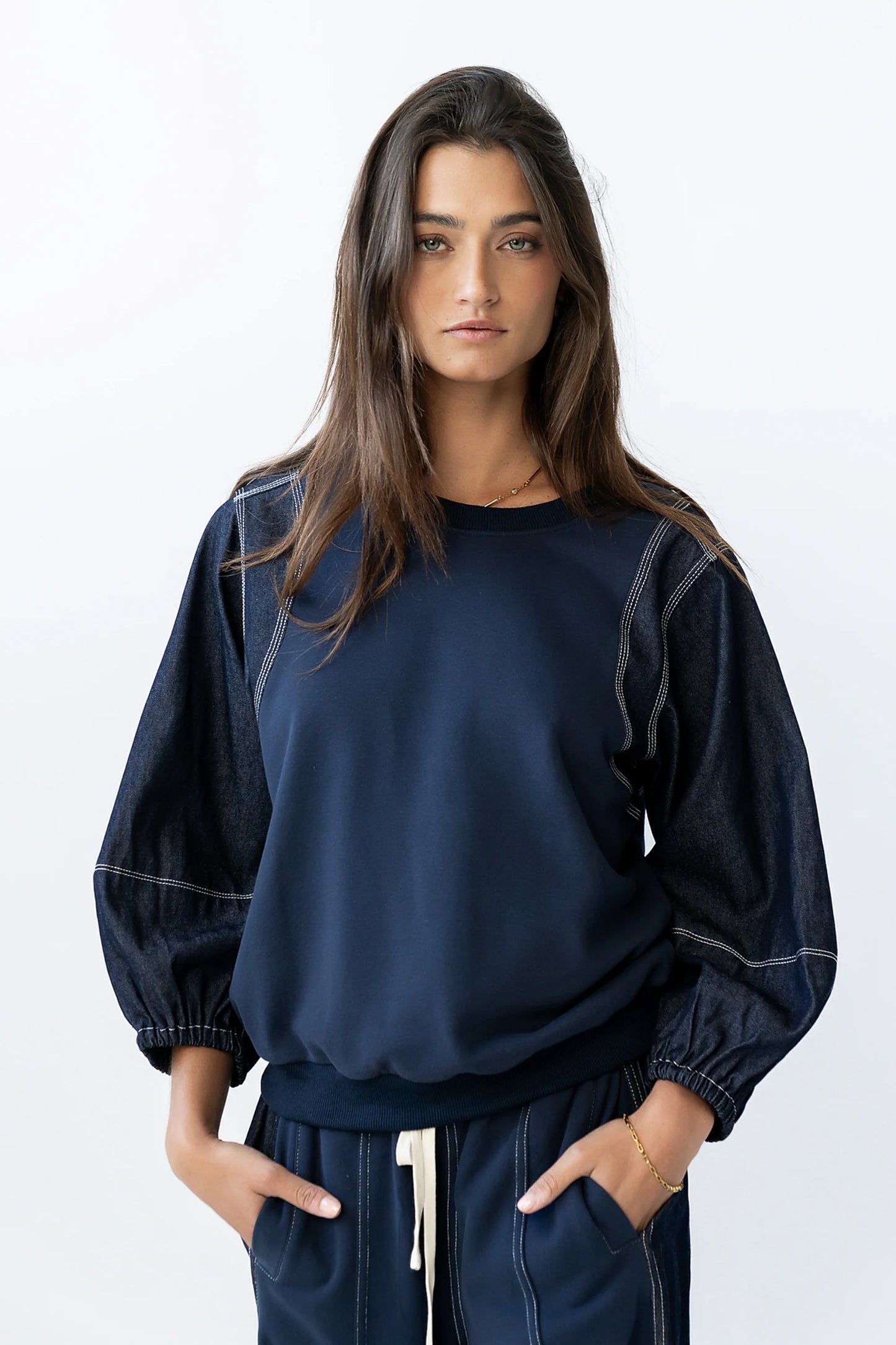 Malinda Mixed Media Top in Dark Wash