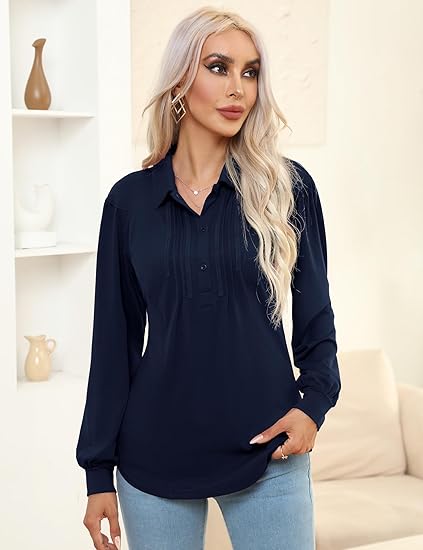 Women's V-Neck Pleated Long-Sleeve  Shirt