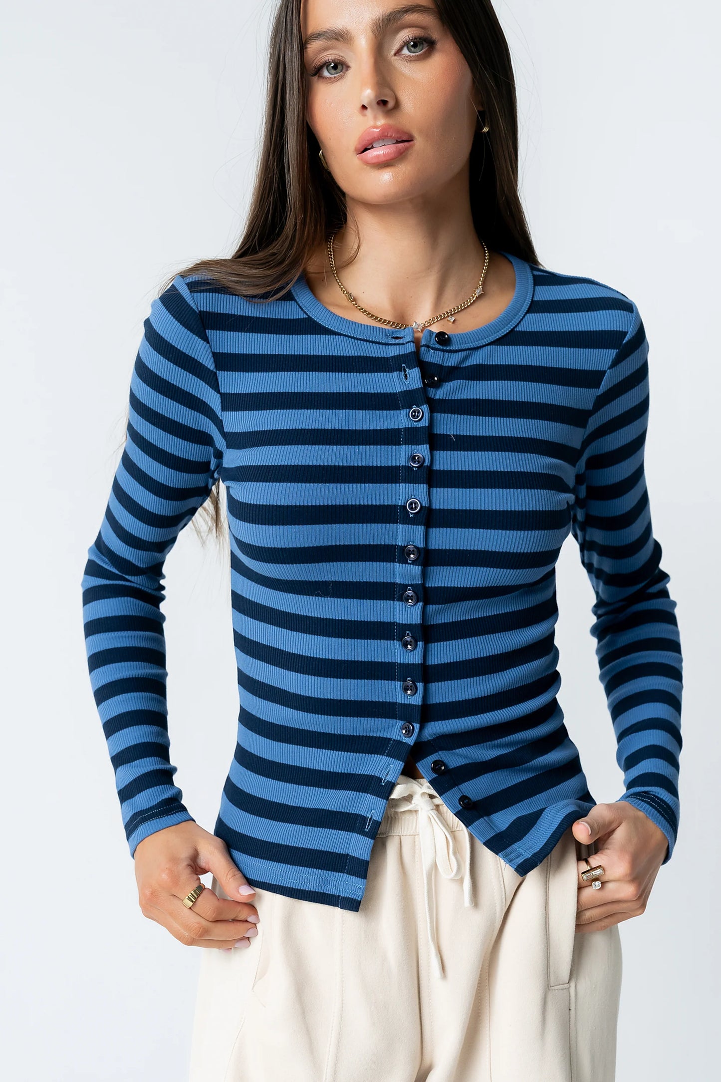 Mia Button Up Top in Striped Navy