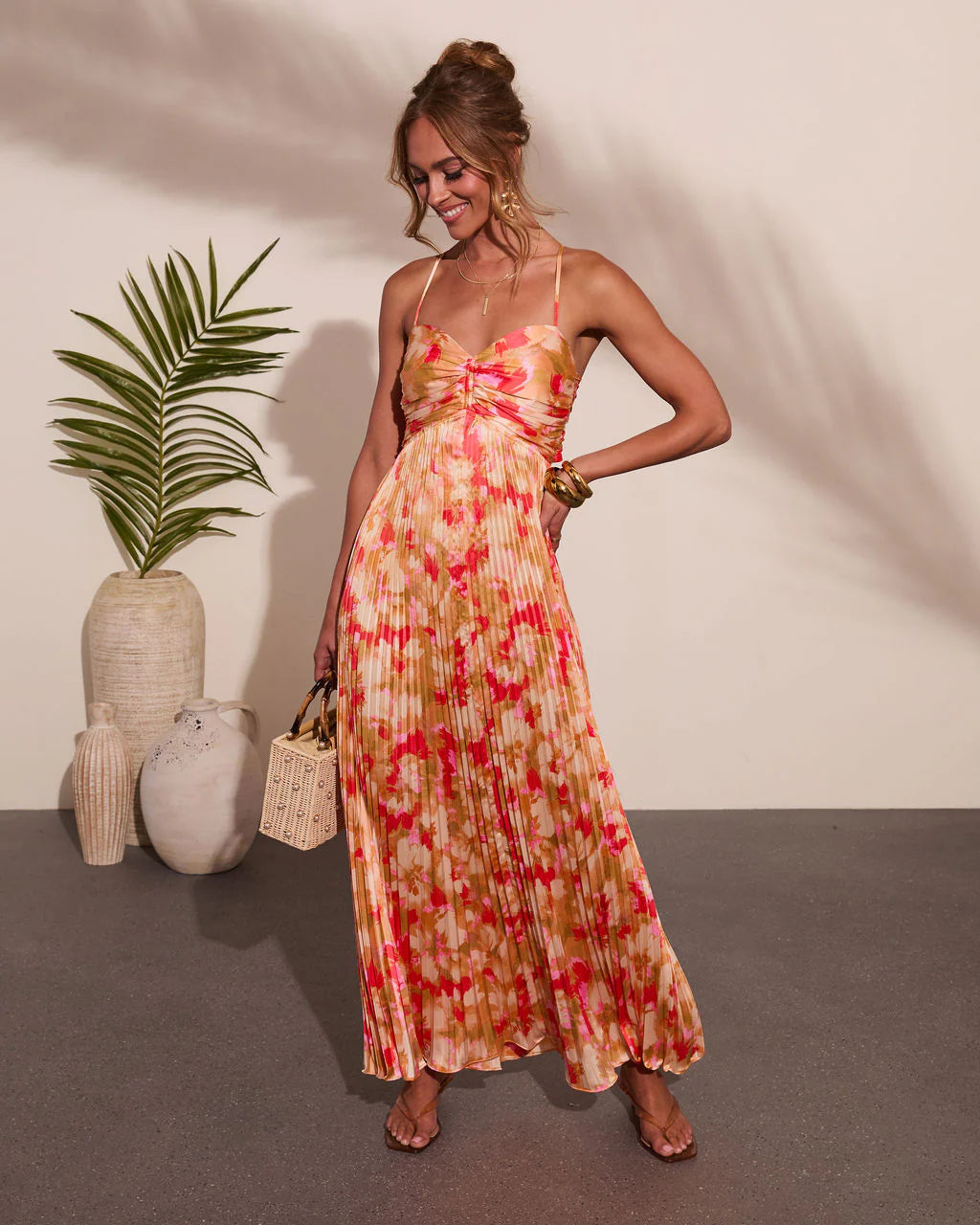 Sol Muse Floral Pleated Satin Maxi Dress