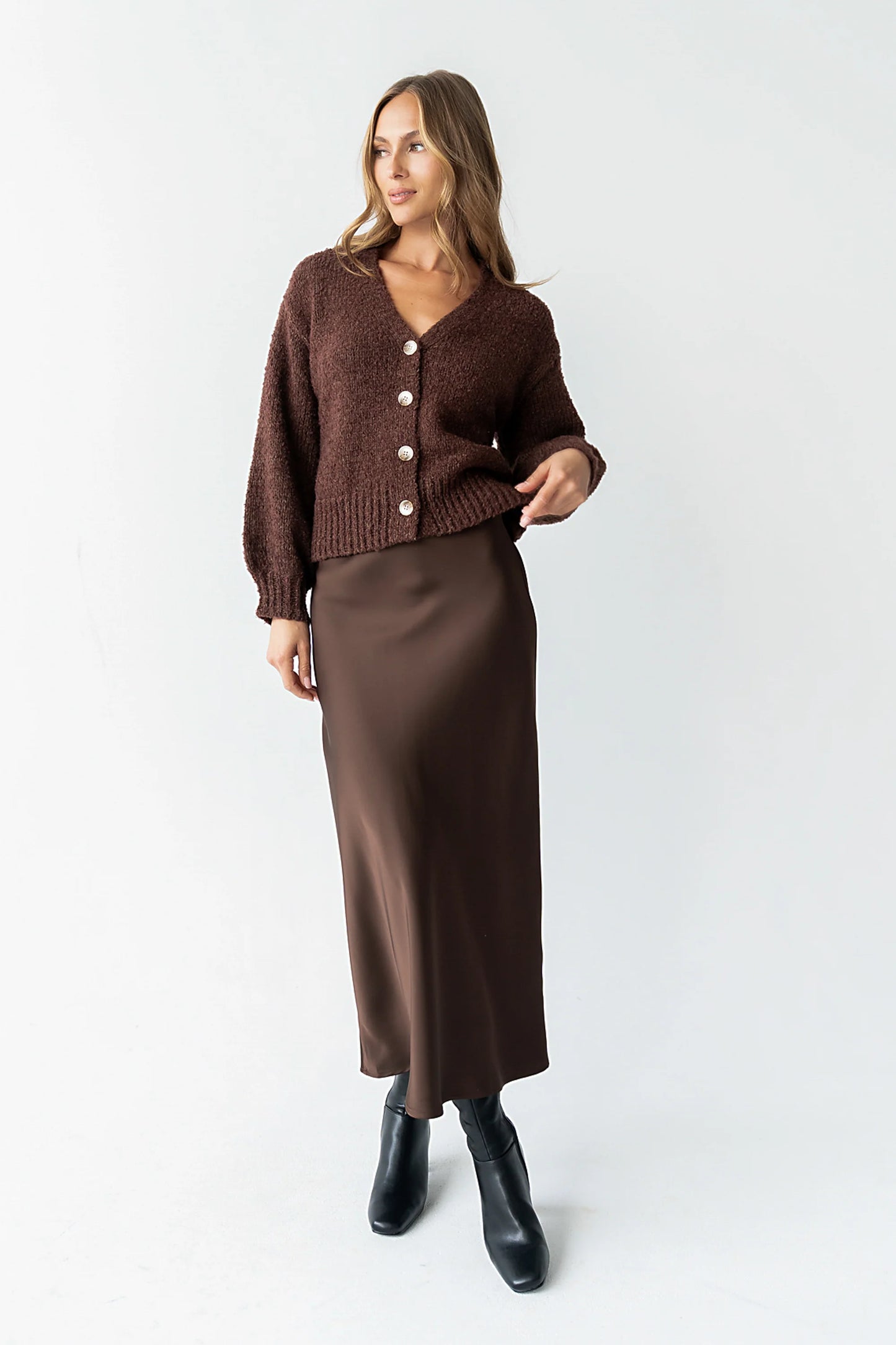 Tory Satin Maxi Skirt in Brown