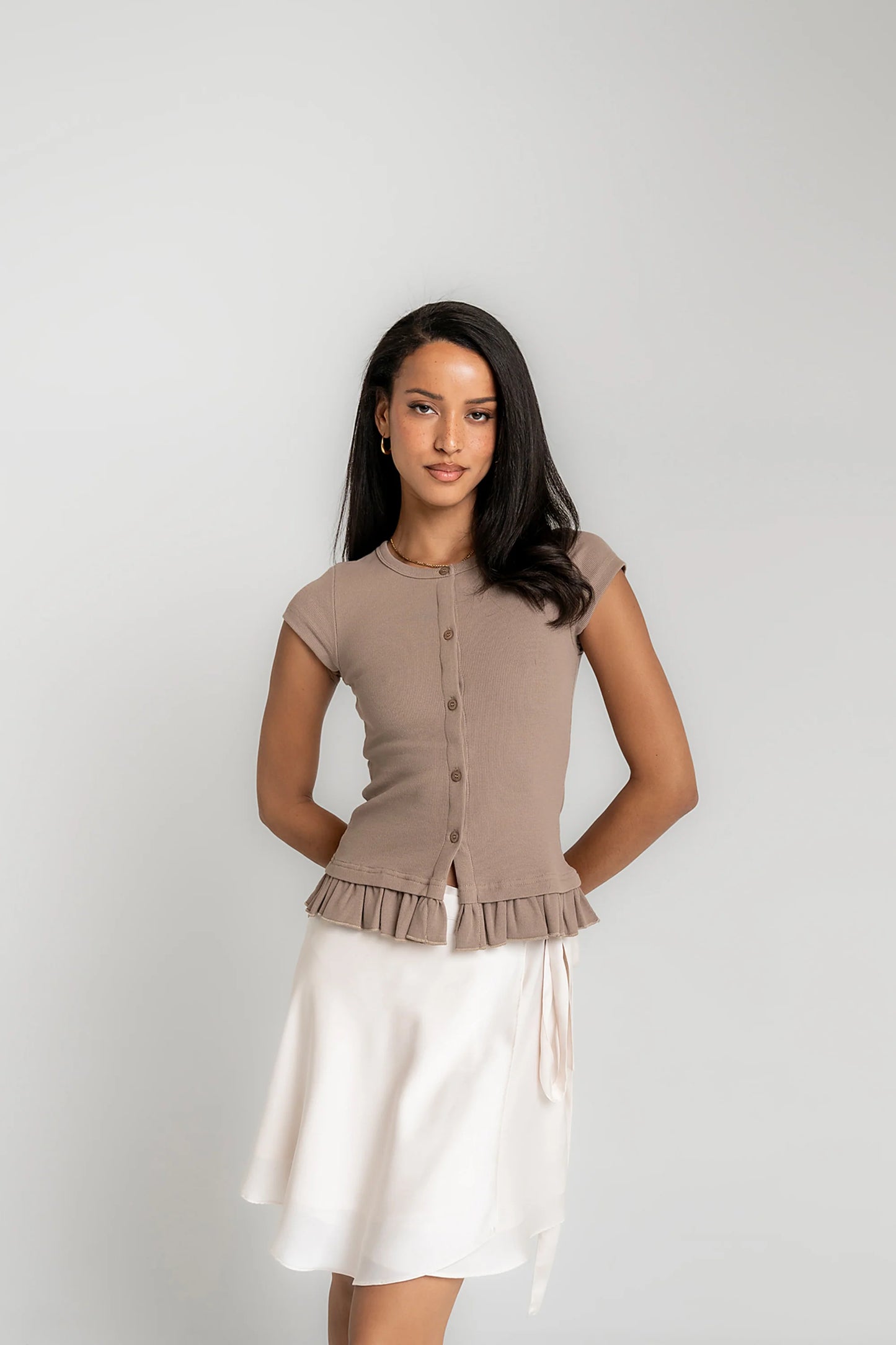 Misha Ruffle Top in Taupe