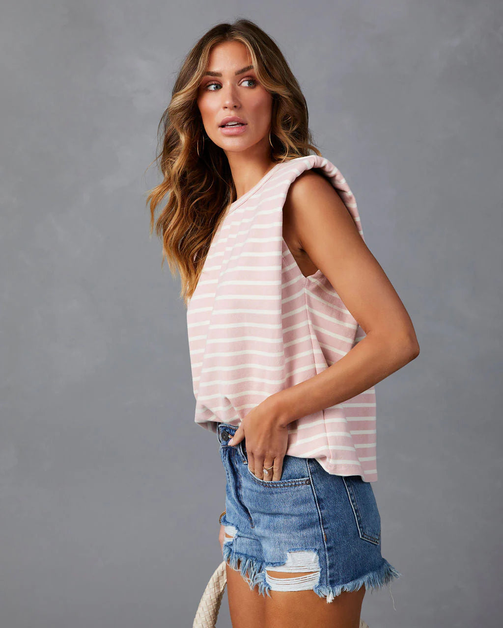 Get In Line Striped Padded Shoulder Muscle Tee
