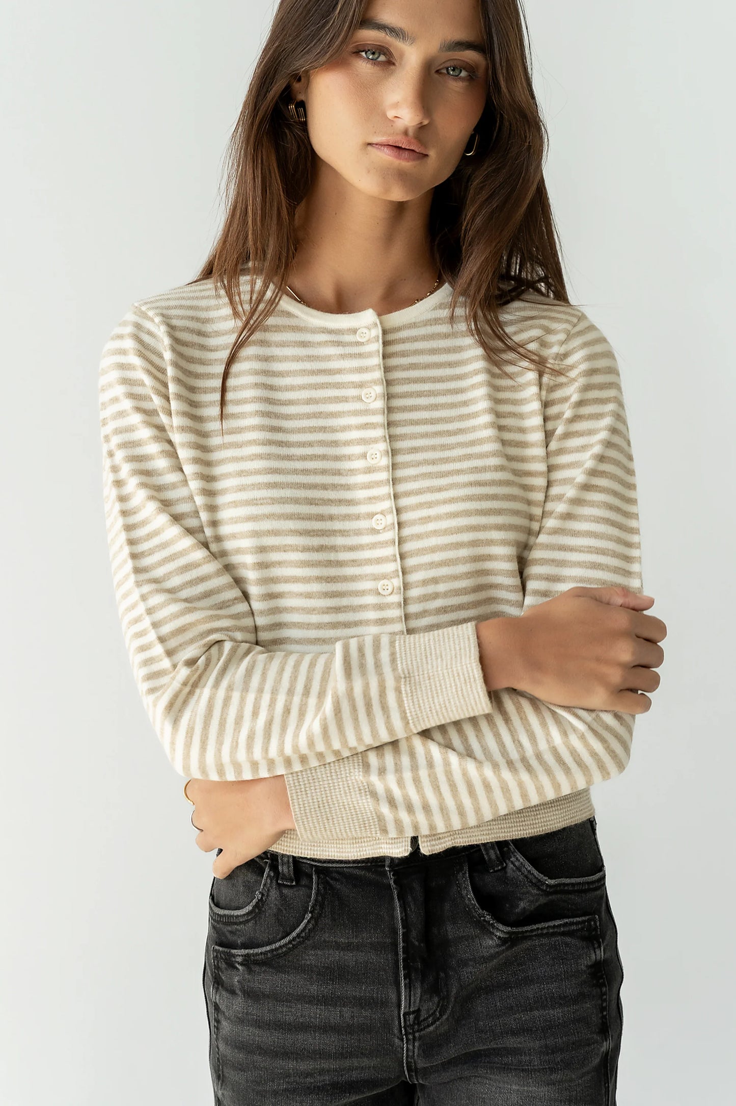 Edesse Striped Cardigan in Taupe