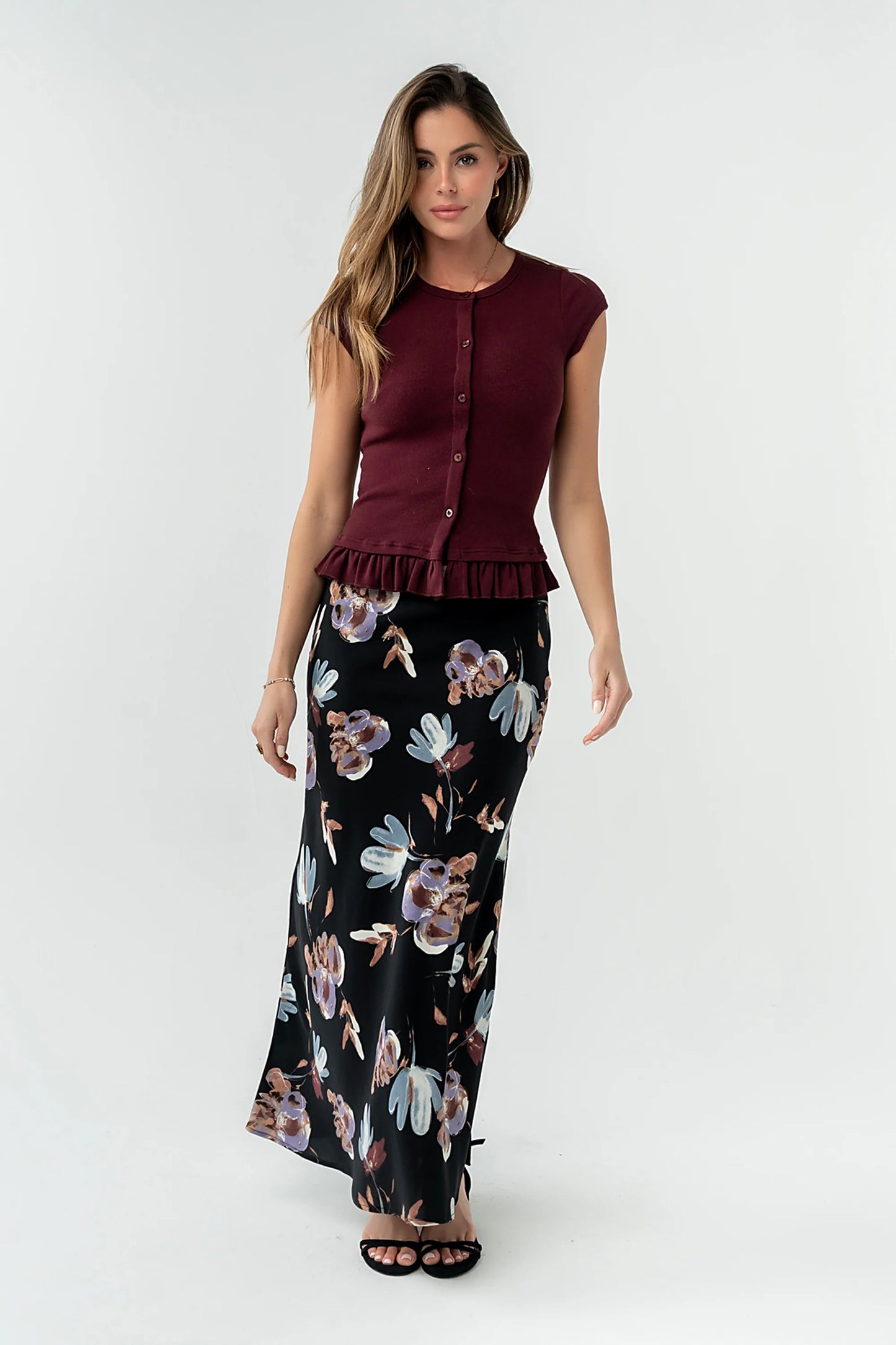 Eden Floral Midi Skirt in Black