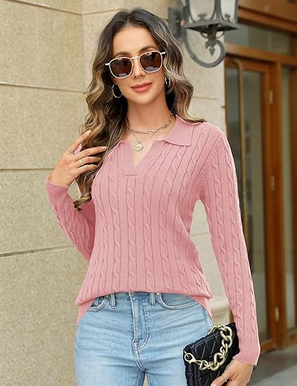 Women’s Lapel V-Neck Cable Knit Pullover Sweater