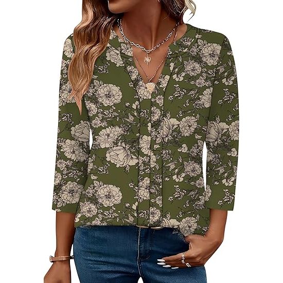 Women's V-Neck Pleated 3/4 Sleeve Tunic Shirts