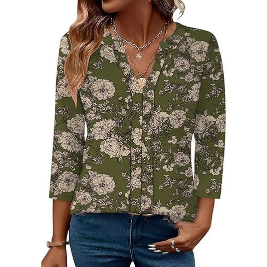 Women's V-Neck Pleated 3/4 Sleeve Tunic Shirts