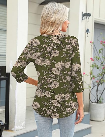 Women's V-Neck Pleated 3/4 Sleeve Tunic Shirts