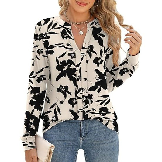 Women’s V-Neck Pleated Long Sleeve Business Casual Shirt