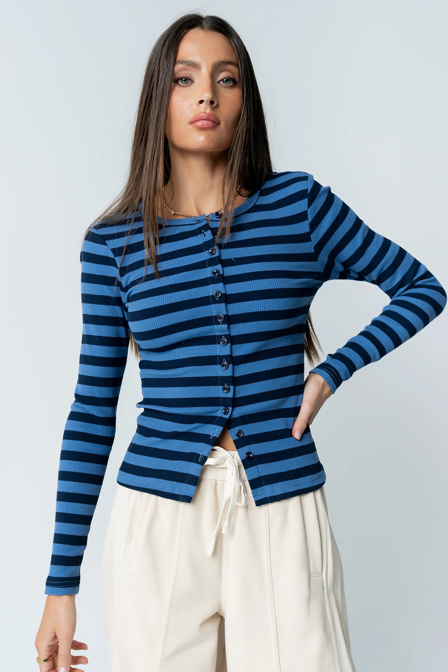 Mia Button Up Top in Striped Navy