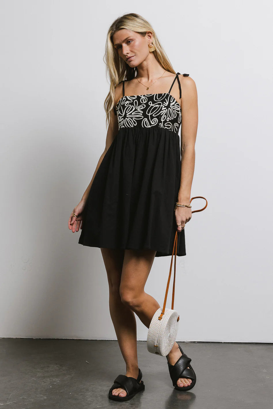 Abstract Embroidered Mini Dress in Black