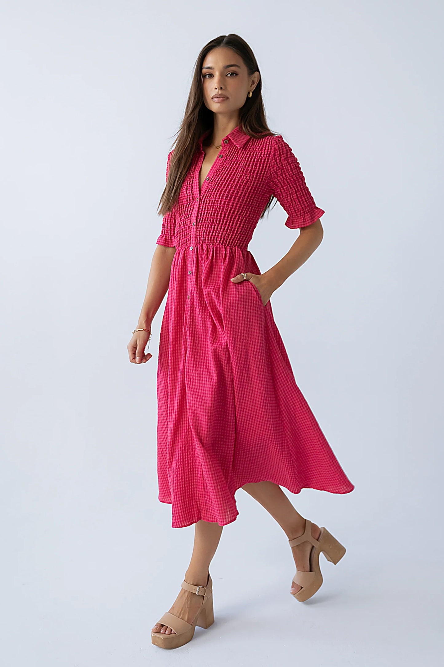 Jonas Gingham Midi Dress in Pink