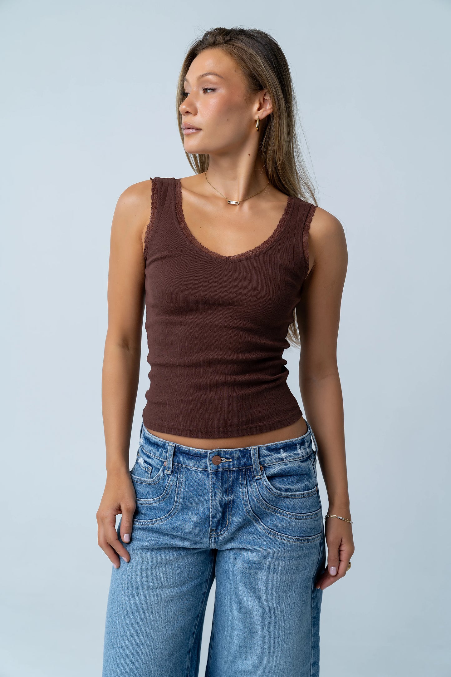 Mackie Lace Trim Tank in Brown