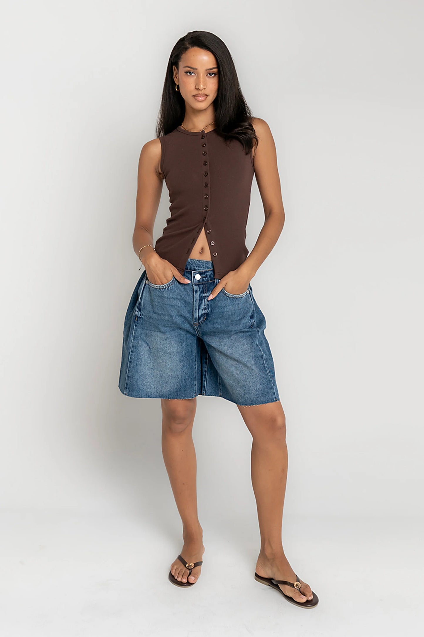 Lucas Button Up Tank Top in Brown