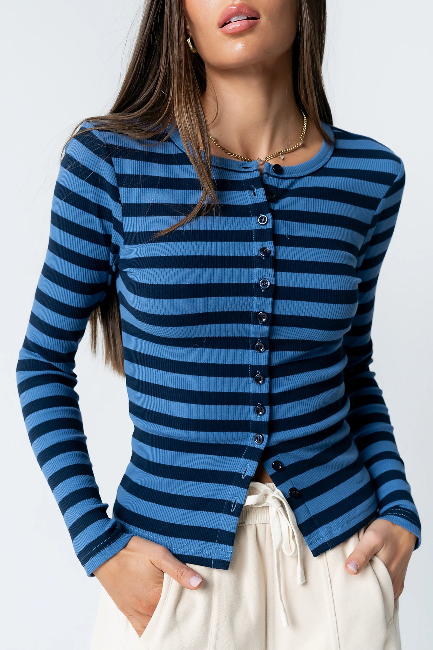 Mia Button Up Top in Striped Navy