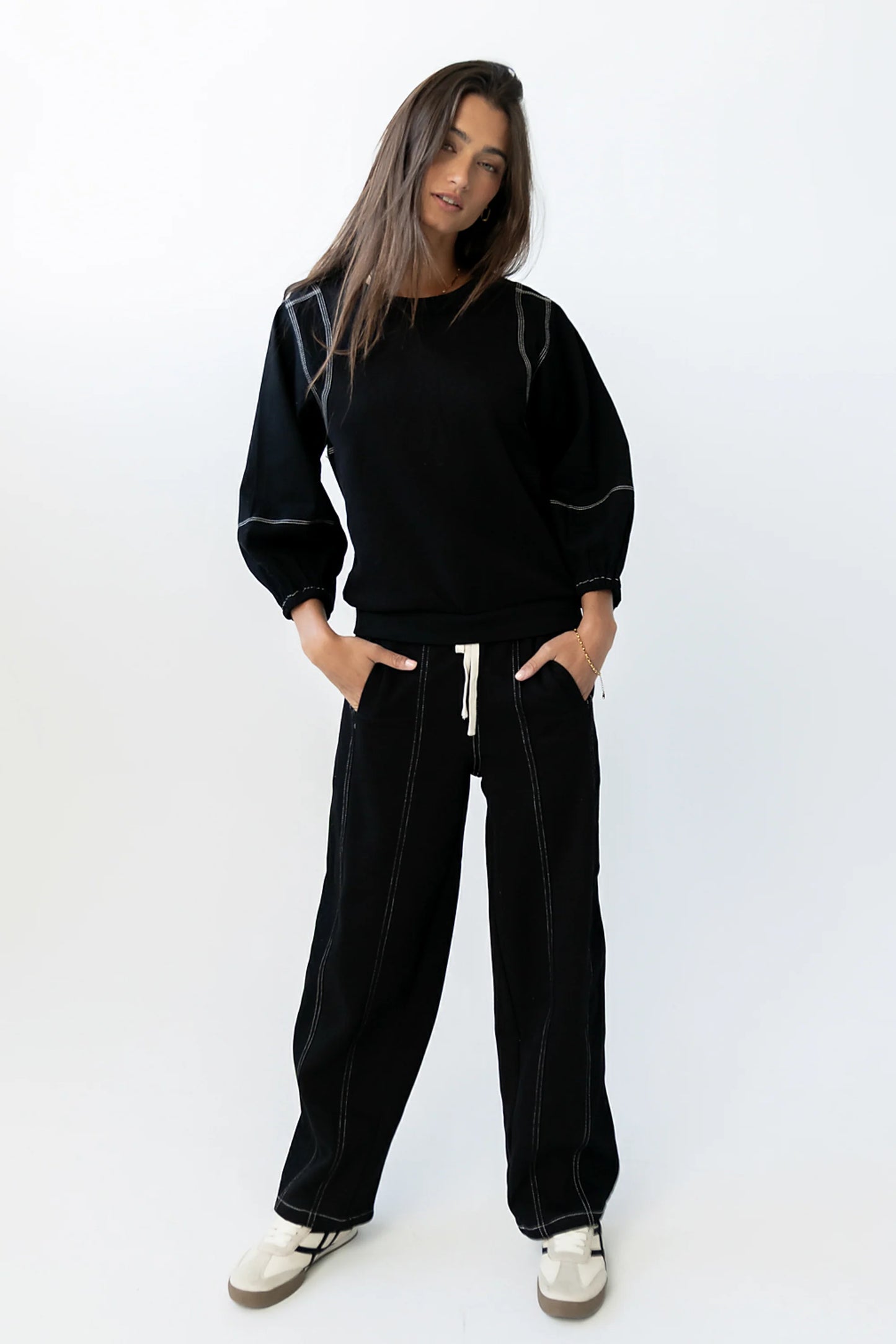 Malinda Mixed Media Baggy Pants in Black