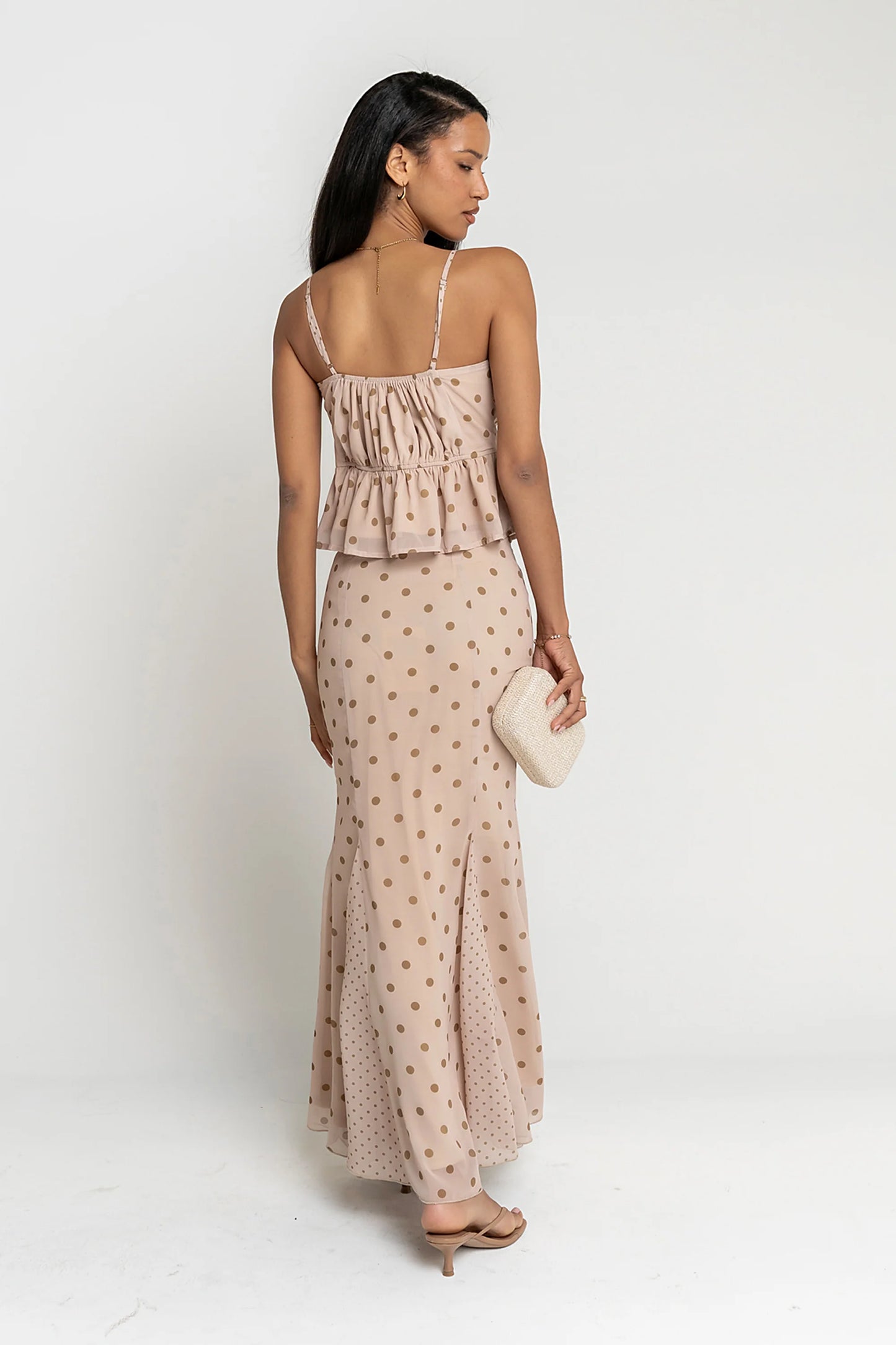 Freida Polka Dot Maxi Skirt in Taupe
