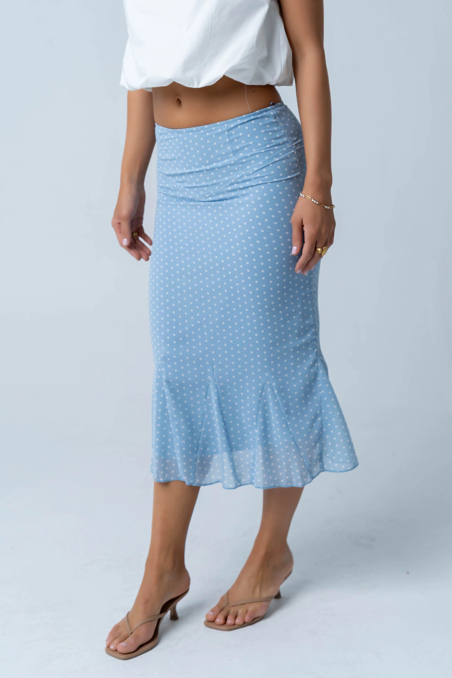 Gigi Polka Dot Midi Skirt in Blue
