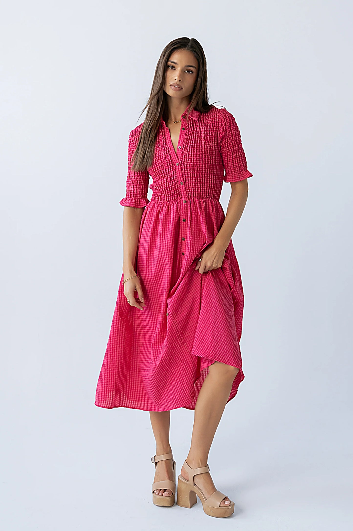 Jonas Gingham Midi Dress in Pink