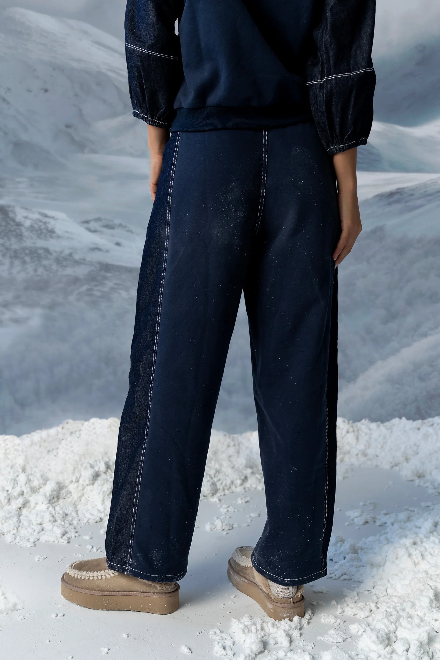 Malinda Mixed Media Baggy Pants in Dark Wash