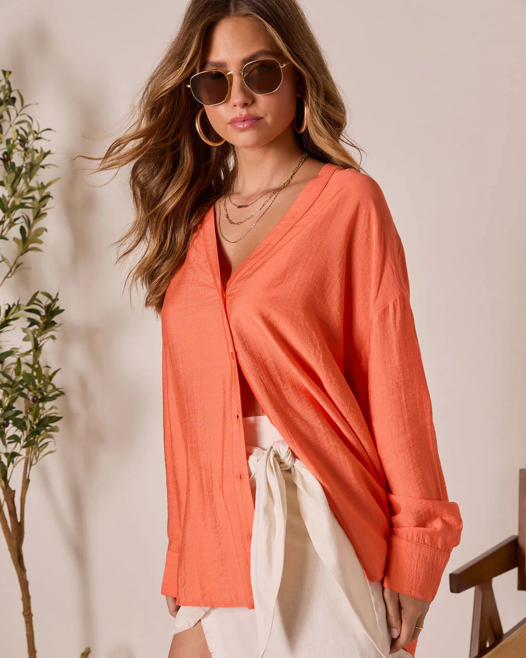 House Of Sun Satin Button Up Top