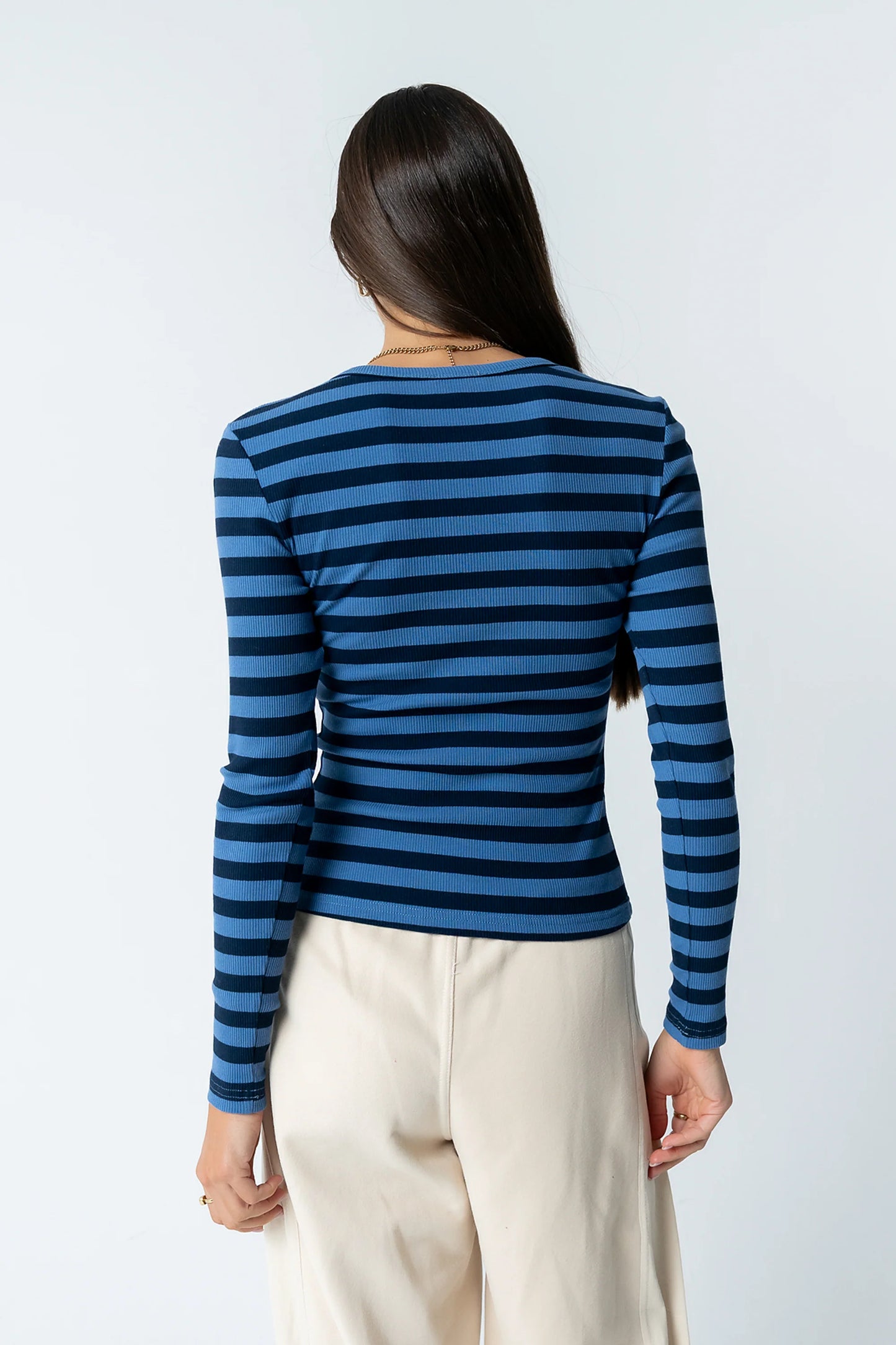 Mia Button Up Top in Striped Navy