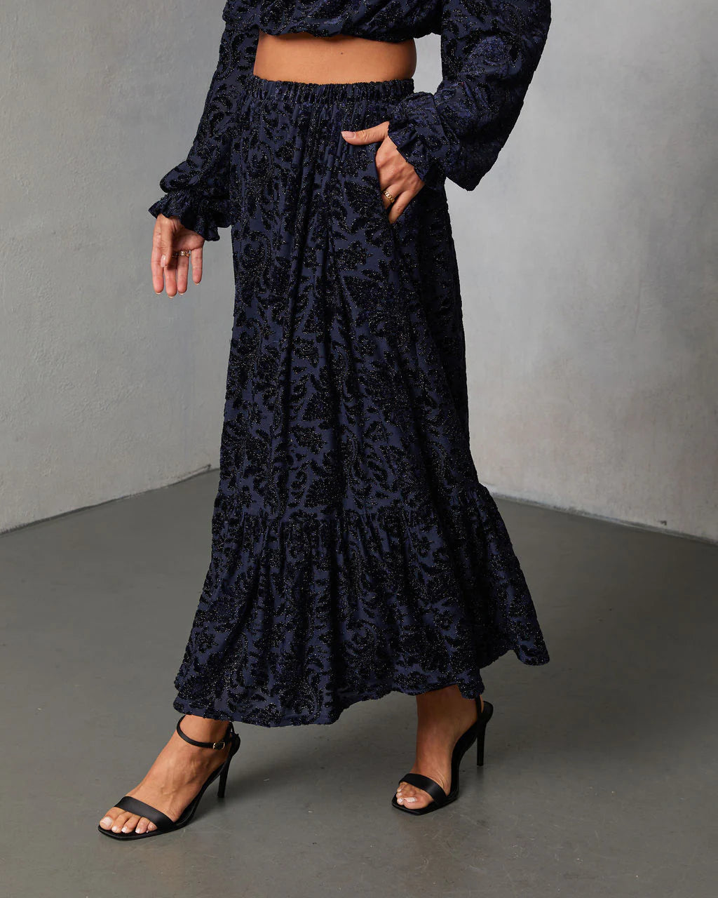 Miriza Flocked Mesh Velvet Midi Skirt