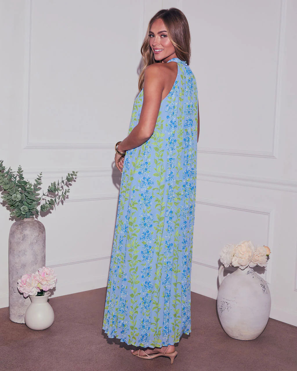 Vaughn Floral Pleated Halter Maxi Dress