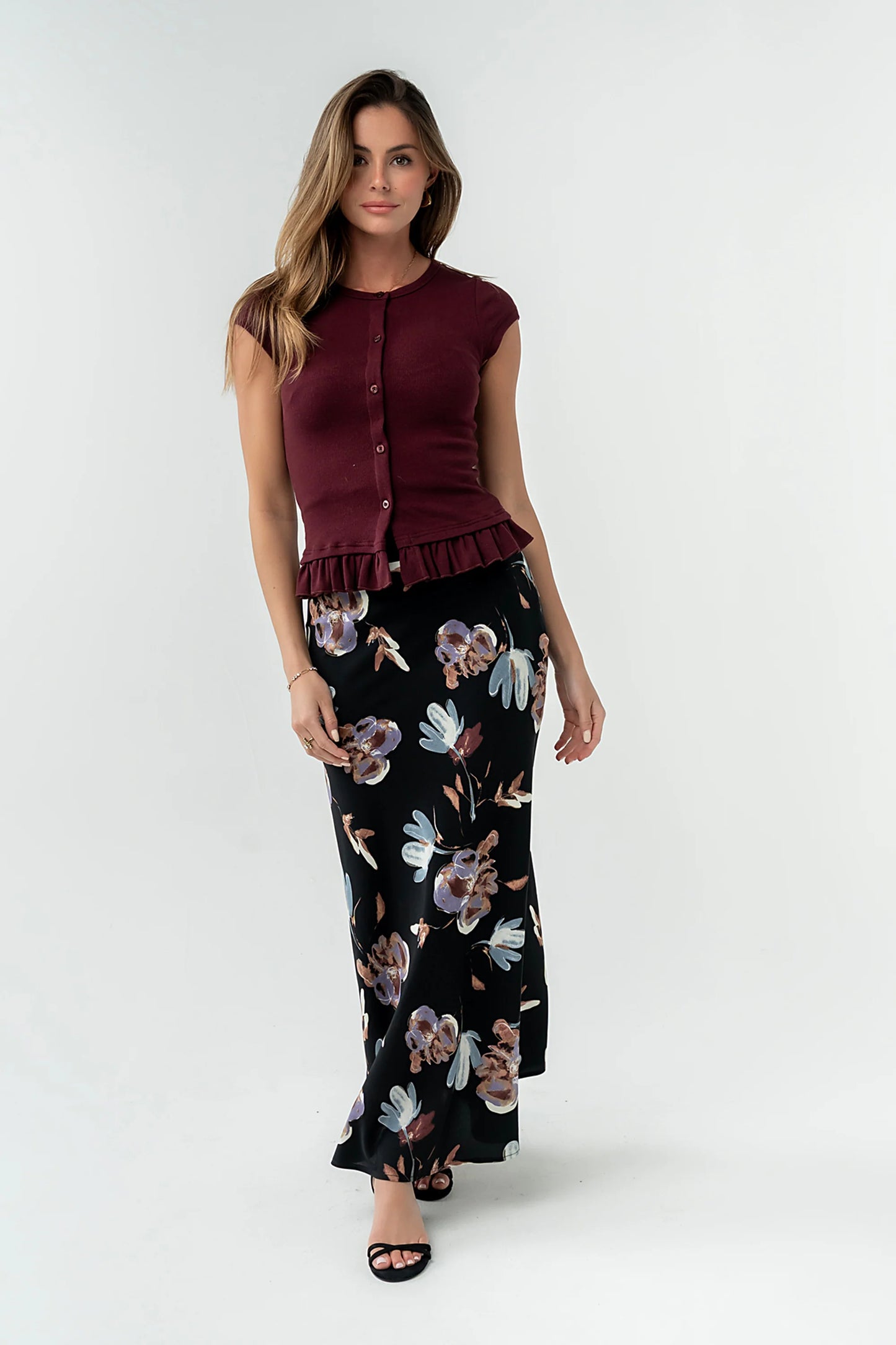Eden Floral Midi Skirt in Black