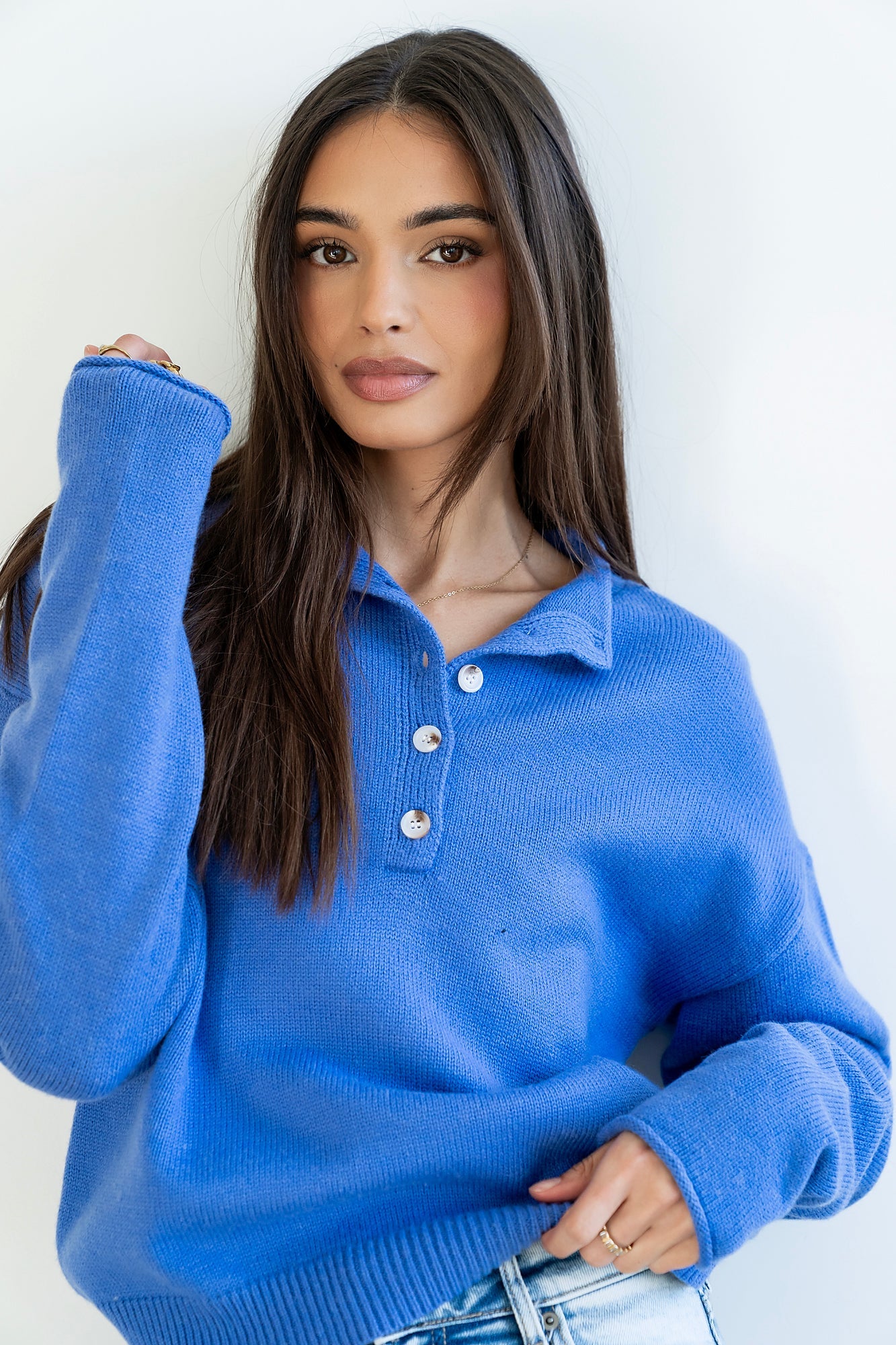 Meli Button Front Knit Sweater in Blue