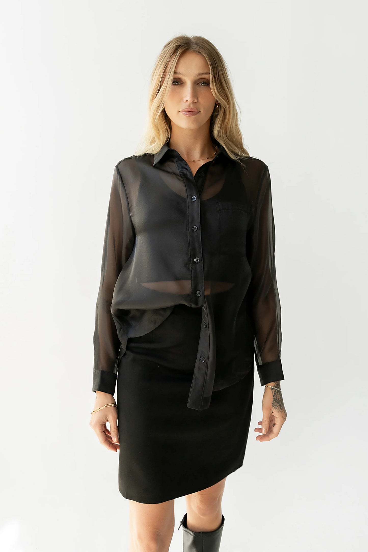 Liberty Sheer Button Up Blouse in Black