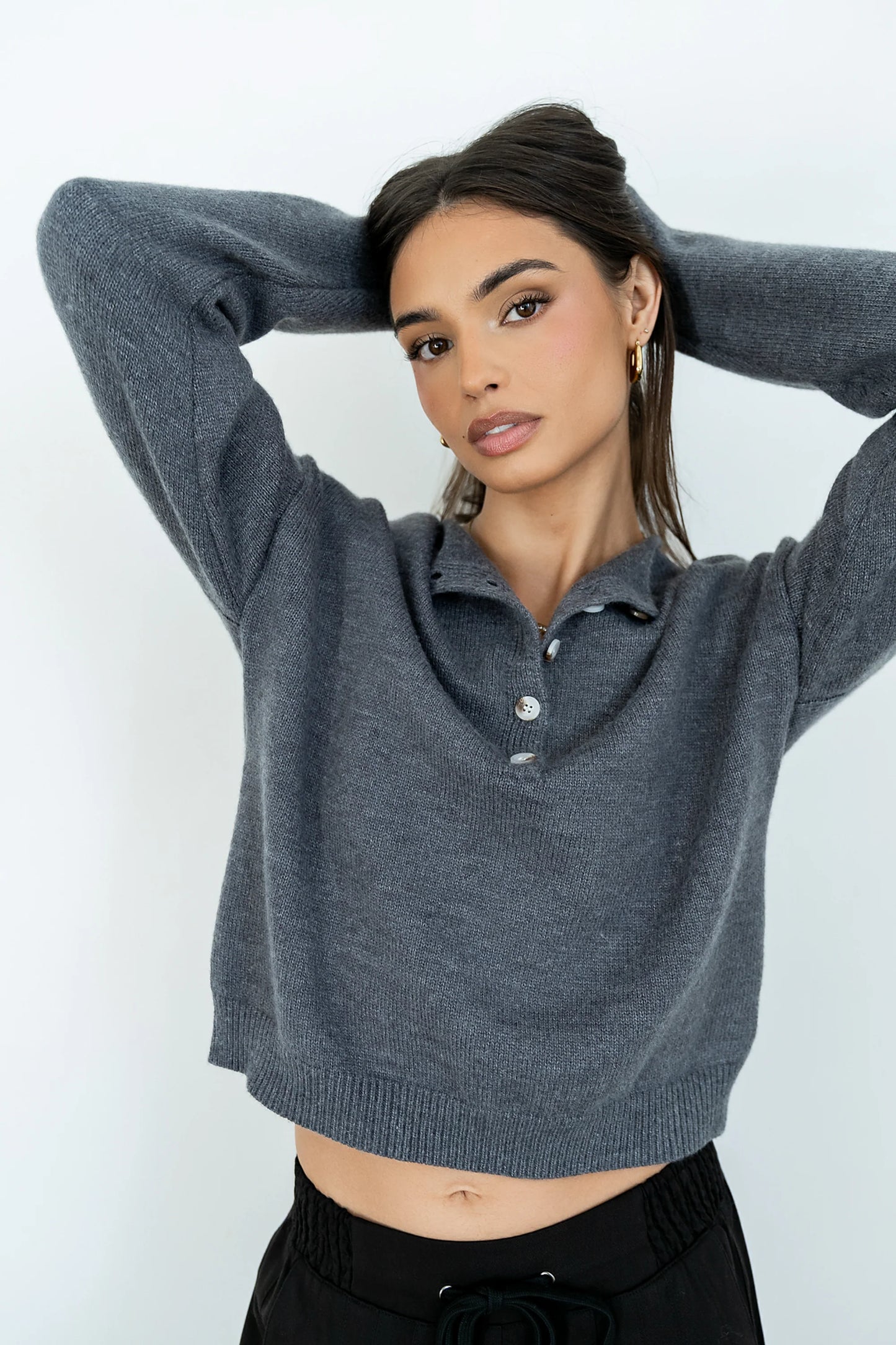 Meli Button Front Knit Sweater in Grey