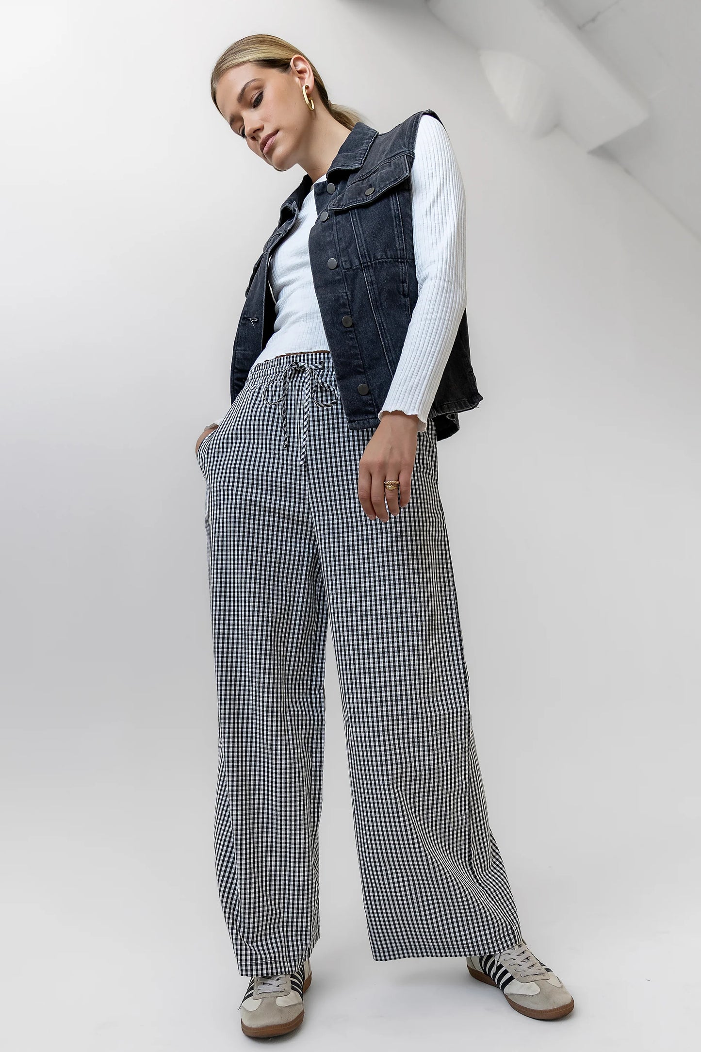 Ada Gingham Wide Leg Pants in Black