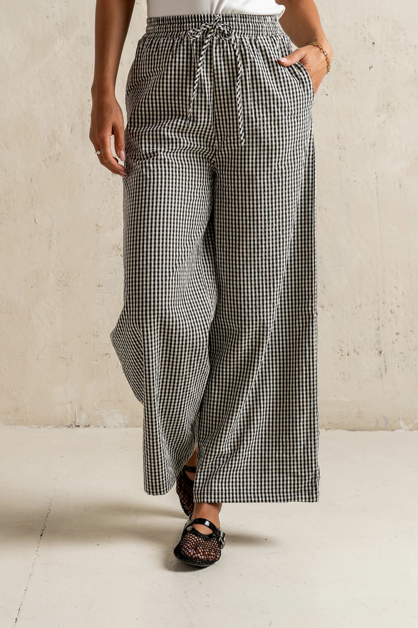 Ada Gingham Wide Leg Pants in Black
