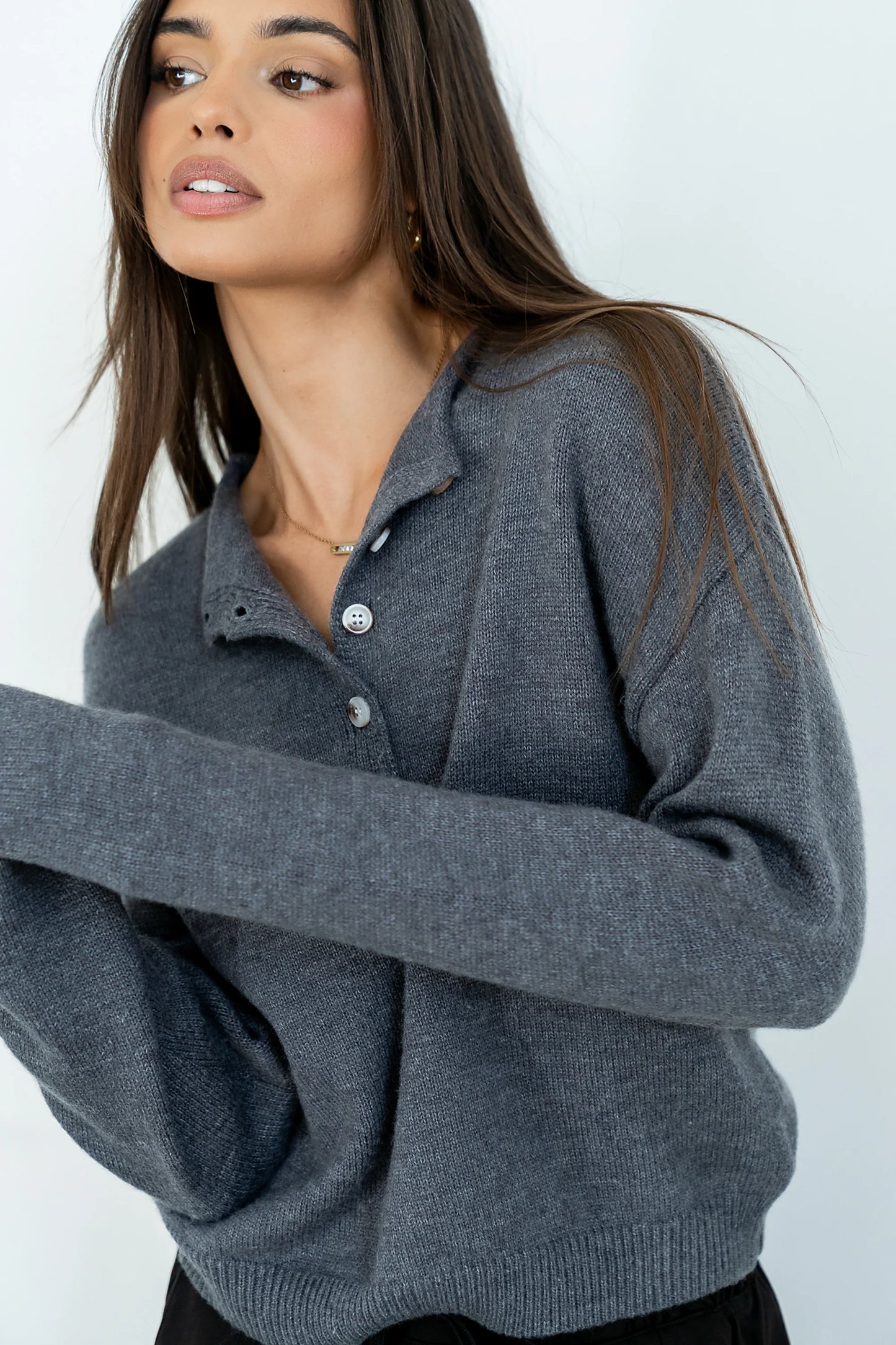 Meli Button Front Knit Sweater in Grey