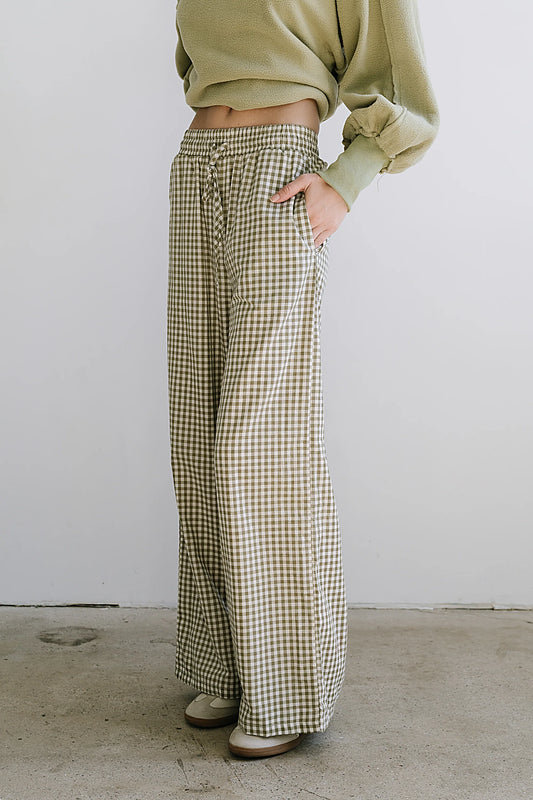 Ada Gingham Wide Leg Pants in Olive