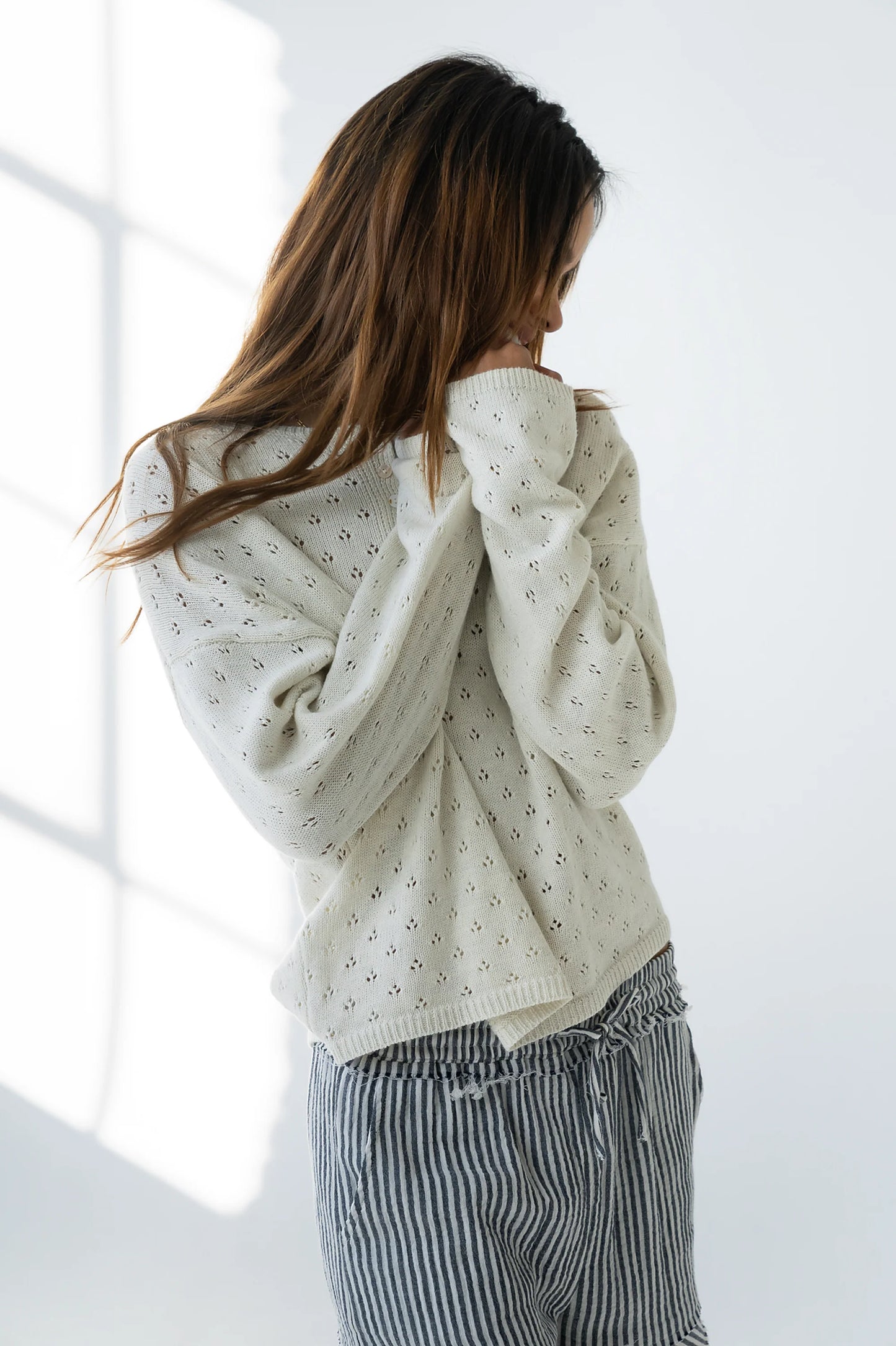 Margot Pointelle Sweater in Heather White